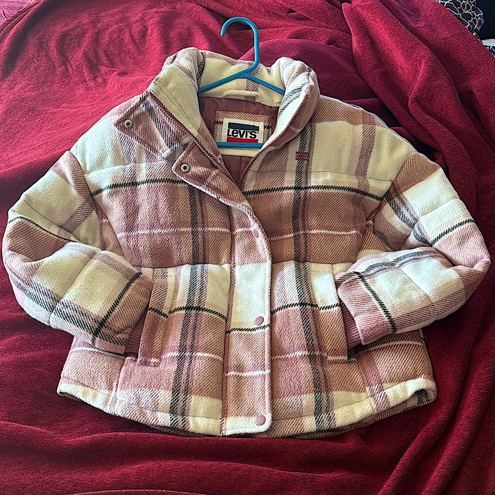 Levi's Plaid Puffer Jacket in Pink and Cream, size small